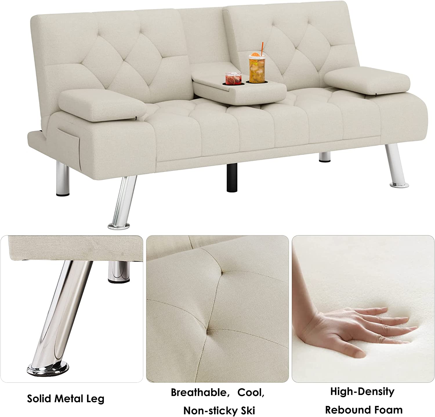 Sofa Cum Beds Fabric Couch for Compact  Metal Legs