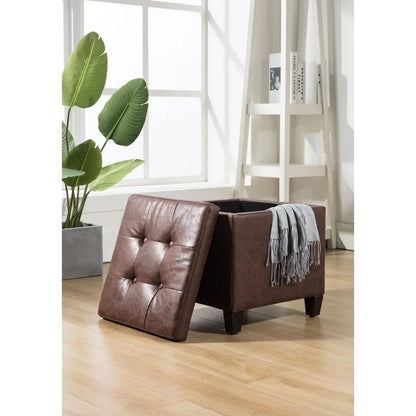 Storage Ottomans: 17.5'' Wide Faux Leather Tufted Square Storage Ottoman with Storage