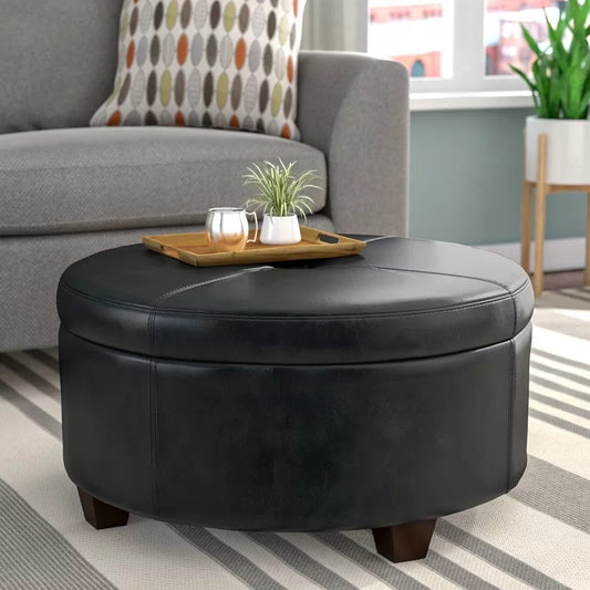 Storage Ottomans: 31.75'' Wide Faux Leather Tufted Round Storage Ottoman with Storage