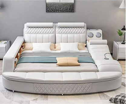 Smart Bed: Hardwood Leatherette Bed with End Bench Sofa Massage (Beige)