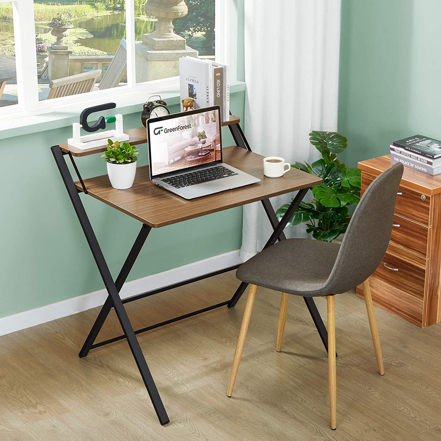 Study Table : 2-Tier Small Computer Desk with Shelf Space Saving Foldi –  GKW Retail