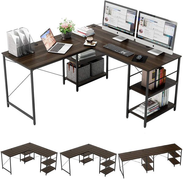 Study Table: L Shaped Reversible Computer Desk with Shelves 
