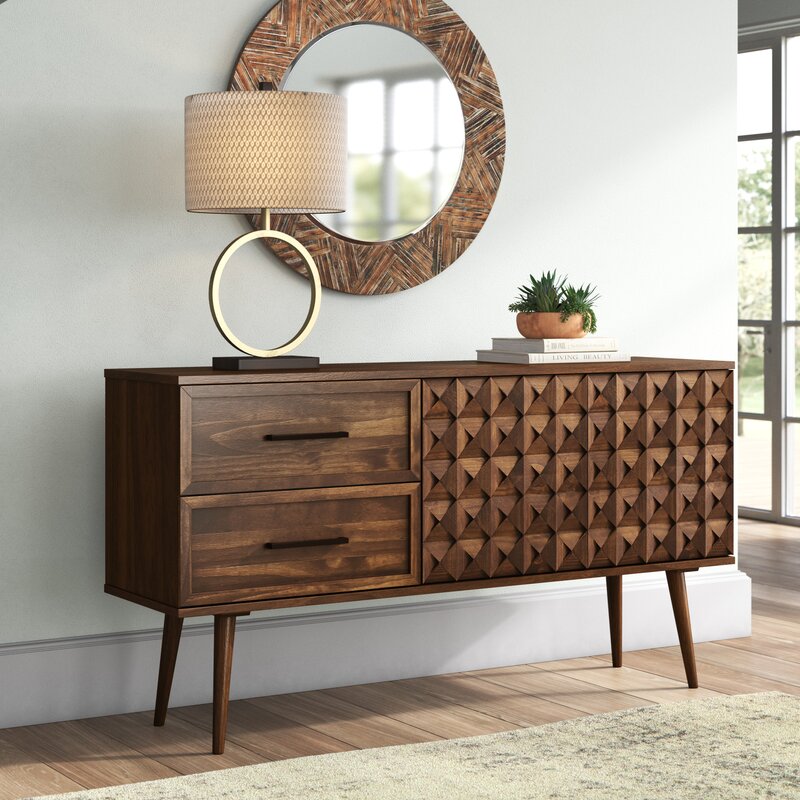 TV Console: 58'' Wide 2 Drawer Pine Solid Wood Sideboard