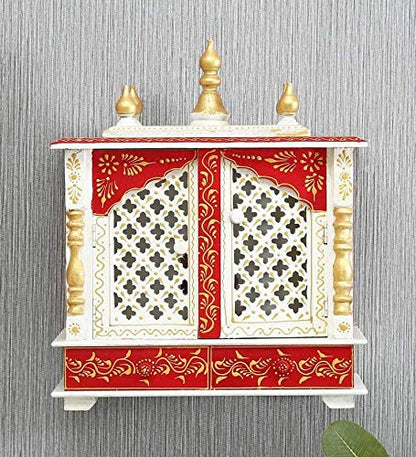 Temple: Rajasthani Ethnic Handcrafted Wooden Temple/Mandir/Pooja Ghar/Mandapam Jali Gate White Red Painting 18x9x21 inch