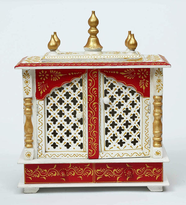 Temple: Rajasthani Ethnic Handcrafted Wooden Temple/Mandir/Pooja Ghar/Mandapam Jali Gate White Red Painting 18x9x21 inch
