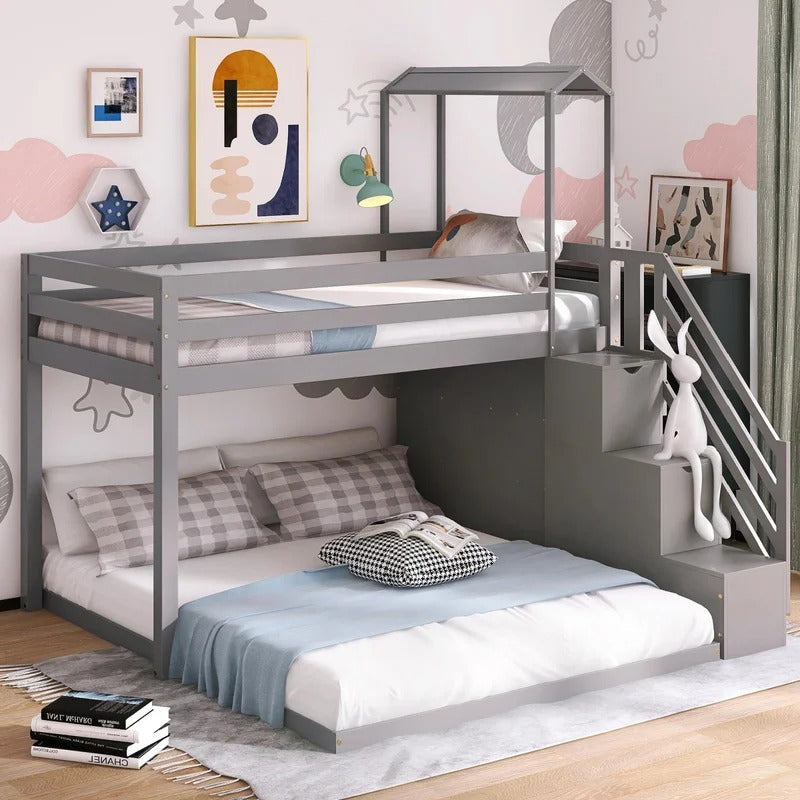 Bunk Bed: Twin Over Full House Roof Bunk Bed With Staircase And Shelves