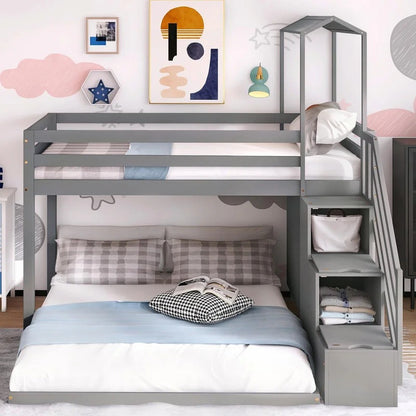Bunk Bed: Twin Over Full House Roof Bunk Bed With Staircase And Shelves