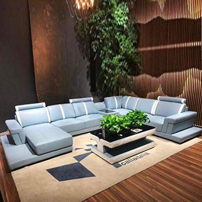 U Shape Sofa Set- Leatherette Hardwood Modern Sofa Set (Sky Blue & White)
