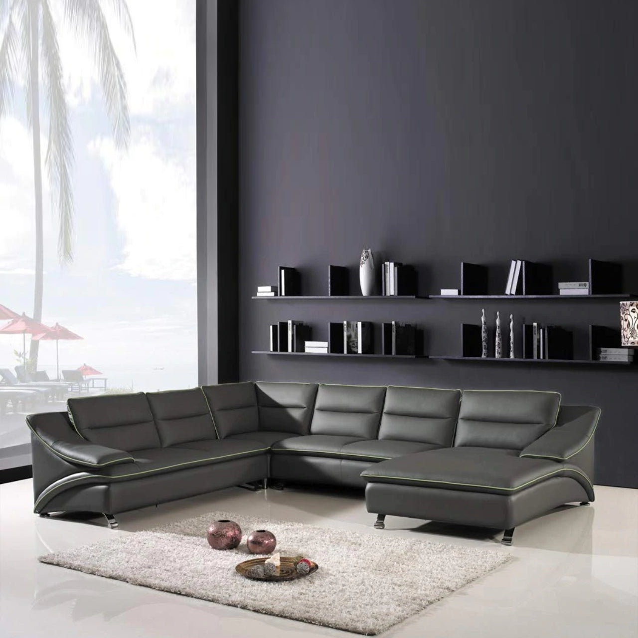 U Shape Sofa Set- Melody Black Sectional Leatherette Sofa Set