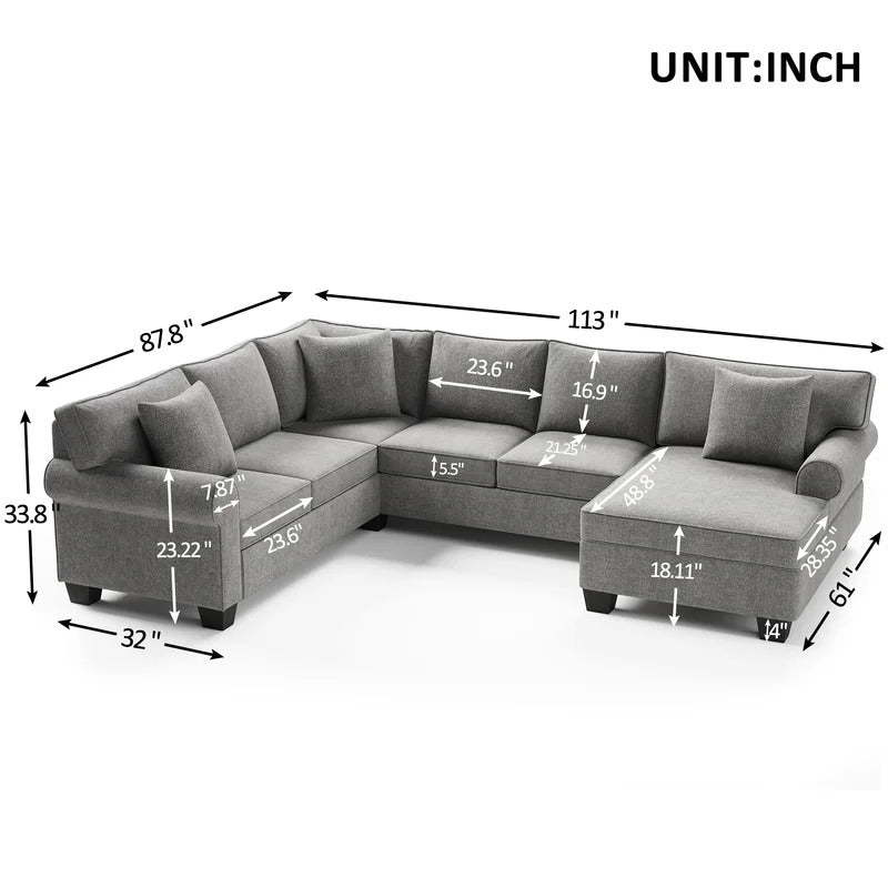 U Shape Sofa Set: 113" Rolled Arm Chesterfield Sectional 7 Seater Sofa