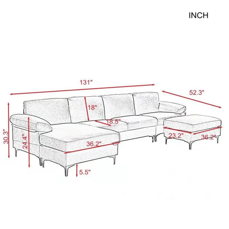 U Shape Sofa Set: 131" Wide Reversible Corner Sectional 5 Seater Sofa