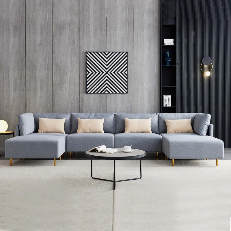 U Shape Sofa Set: 6 Seater Fabric Sectional Sofa Upholstered Couch 