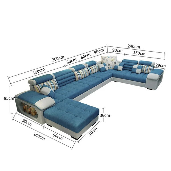 U Shape Sofa Set:- 9 Seater Fabric  Premium Furniture Sofa Set with Center & 4 Puffies