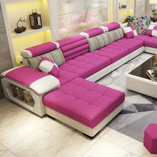 U Shape Sofa Set:- 9 Seater Fabric Premium Furniture Sofa Set with Center & 4 Puffies