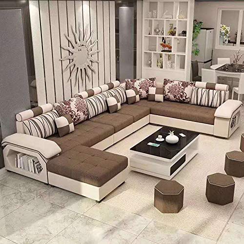 U Shape Sofa Set Fabric 9 Seater Sofa Set with 4-Puffies (Brown and Beige)