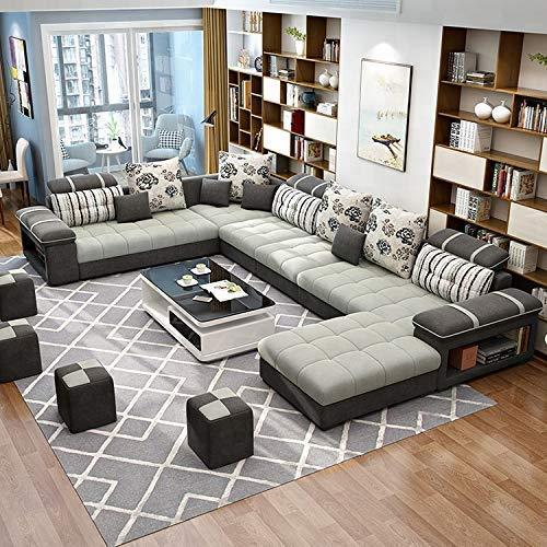 U Shape Sofa Set Fabric 9 Seater Sofa Set with 4-Puffies, Standard Size (Dark Grey and Grey)