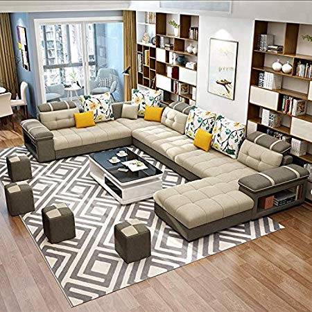 U Shape Sofa Set Hardwood Fabric 9 Seater Sofa Set with 4-Puffies (Cream and Dark Grey)