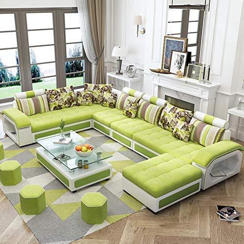U Shape Sofa Set Hardwood, Fabric 9 Seater Sofa Set With 4-Puffy Sofa Set (Roland Pear Green and White)