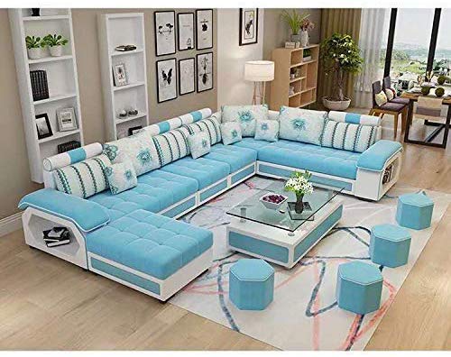 U Shape Sofa Set Hardwood, Fabric 9 Seater Sofa Set with 4-Puffies (Roland Blue and White)