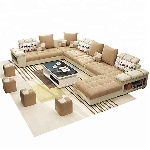 U Shape Sofa Set: Hardwood, Fabric 9 Seater Sofa Set with 4-Puffy