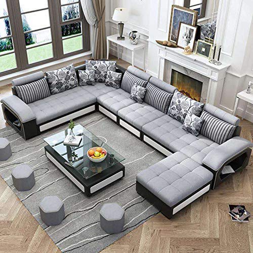 U Shape Sofa Set Hardwood, Fabric 9 Seater Sofa Set with 4-Puffy (Roland Silver and Brown)