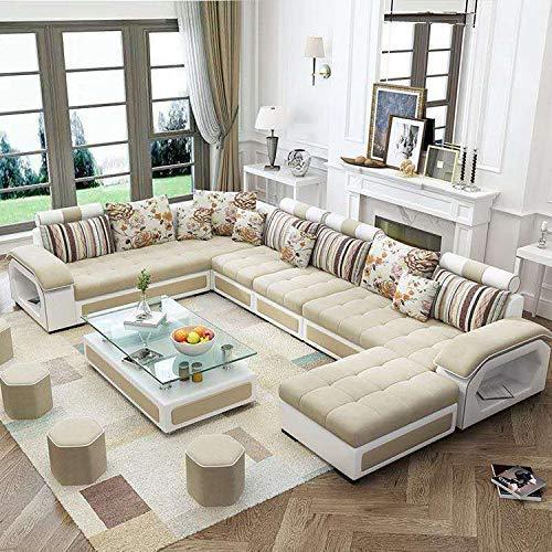 U Shape Sofa Set Hardwood and Fabric 9 Seater Sofa Set with 4-Puffies (Roland Beige and White)