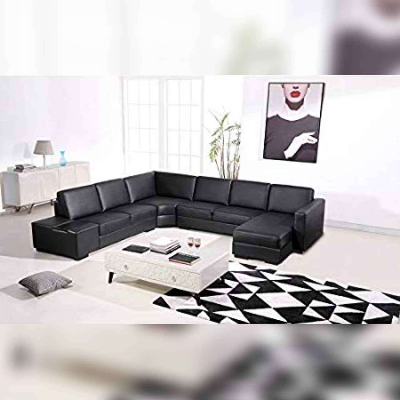 U Shape Sofa Set: Leatherette Sectional Sofa Set (Black)