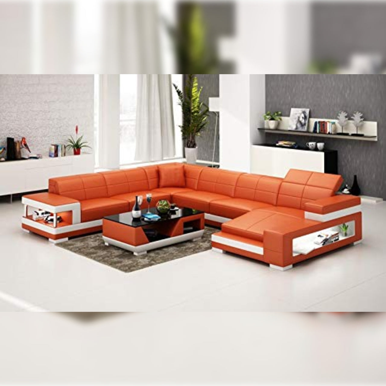 U Shape Sofa SetLeatherette Standard Size ,(Orange and White)
