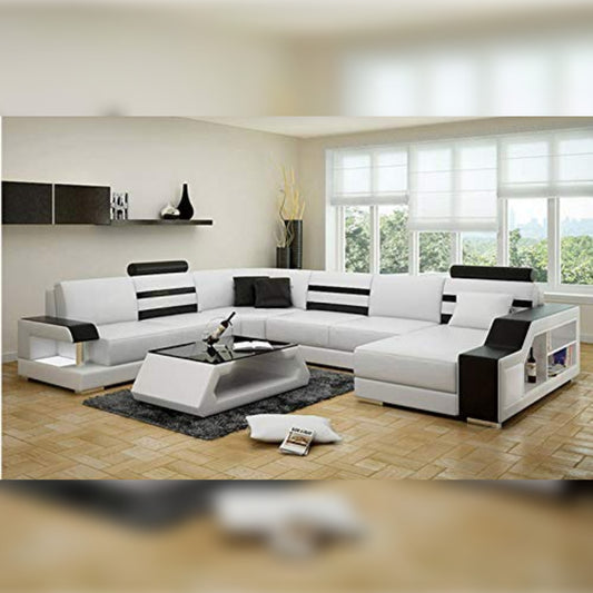 U Shape Sofa Set Leatherette and Hardwood Sofa Set (White, Standard Size)