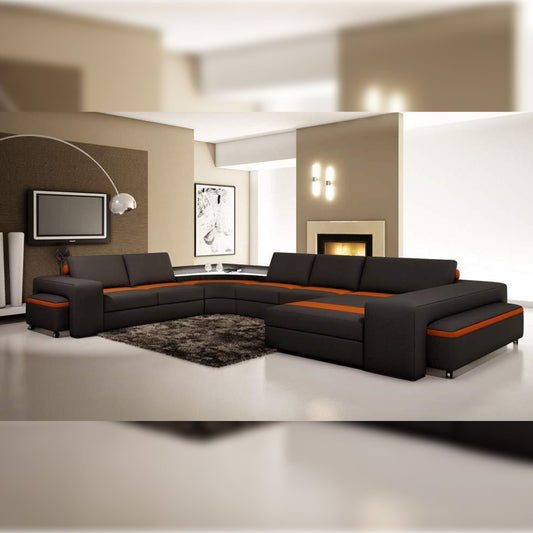 U Shape Sofa Set Modern Leatherette Sectional Sofa Set (Grey and Orange)