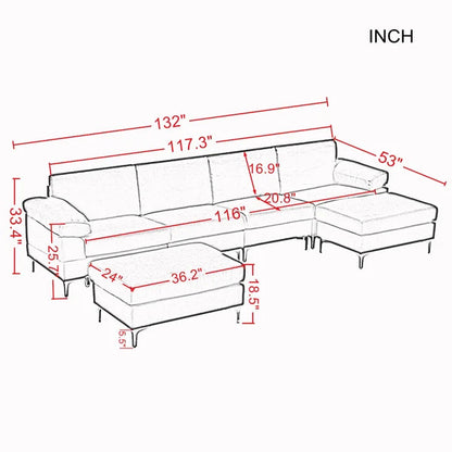 U Shape Sofa Set : Sectional Sofa Brown Linen Fabric 4 Seater Sofa Set