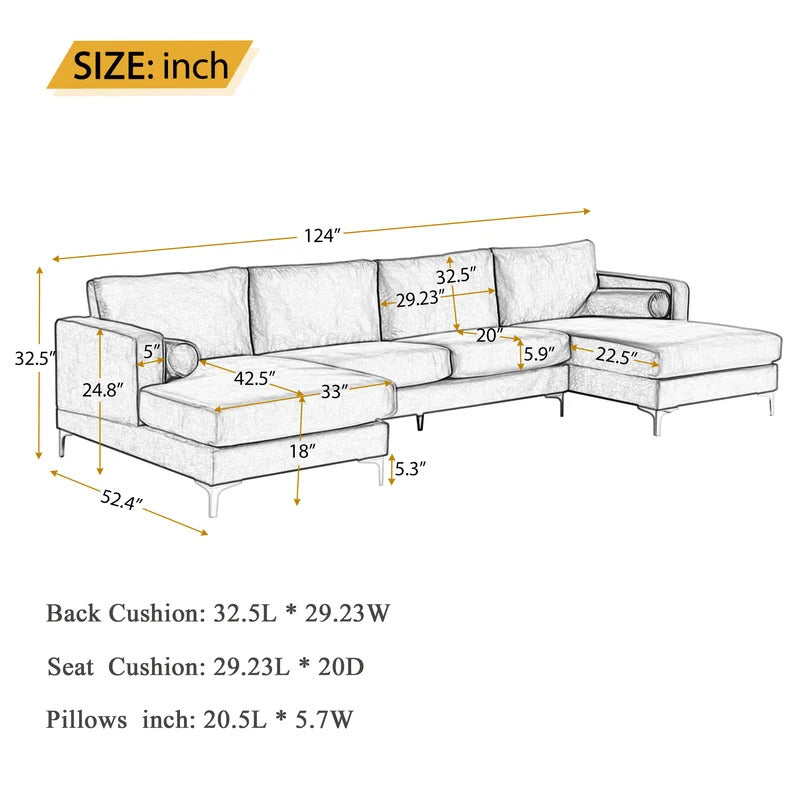 U Shape Sofa Set: 4 Seater  Velvet Fabric Sectional Sofa Set