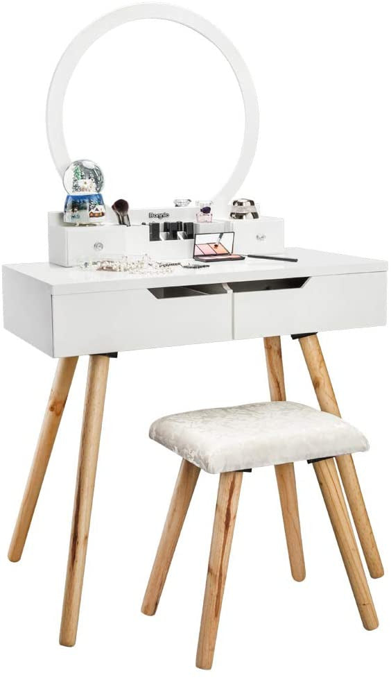 Vanity Dressing Table : Table Set with Round Mirror Dressing Table with Sliding Drawers & Cushioned Stool