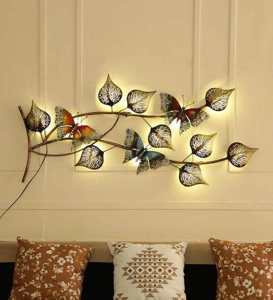 Wall Art: Iron Butterfly On Leaf Wall Art With LED In Brown
