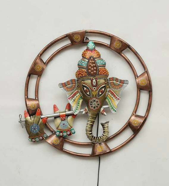 Wall Art : Iron Lord Ganesha Wall Art With LED In Multicolour