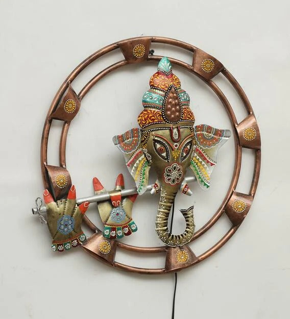 Wall Art : Iron Lord Ganesha Wall Art With LED In Multicolour