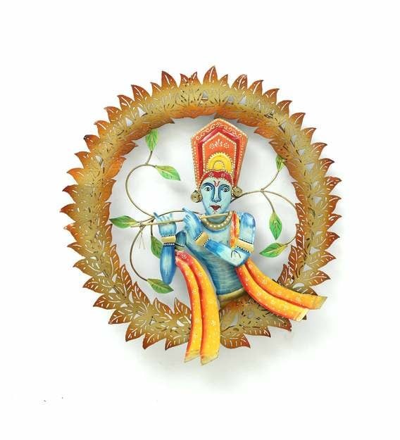 Wall Art Iron Lord Krishna With Flute Wall Art With LED In Gold