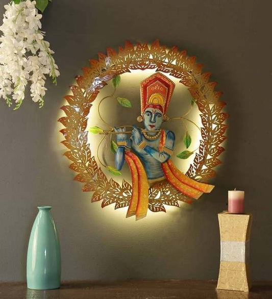 Wall Art Iron Lord Krishna With Flute Wall Art With LED In Gold