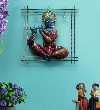 Wall Art: Iron Lord Vishnu Wall Art In Maroon Color