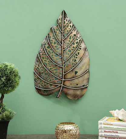 Wall Art: Iron Peepal Leaf Wall Art With LED In Copper