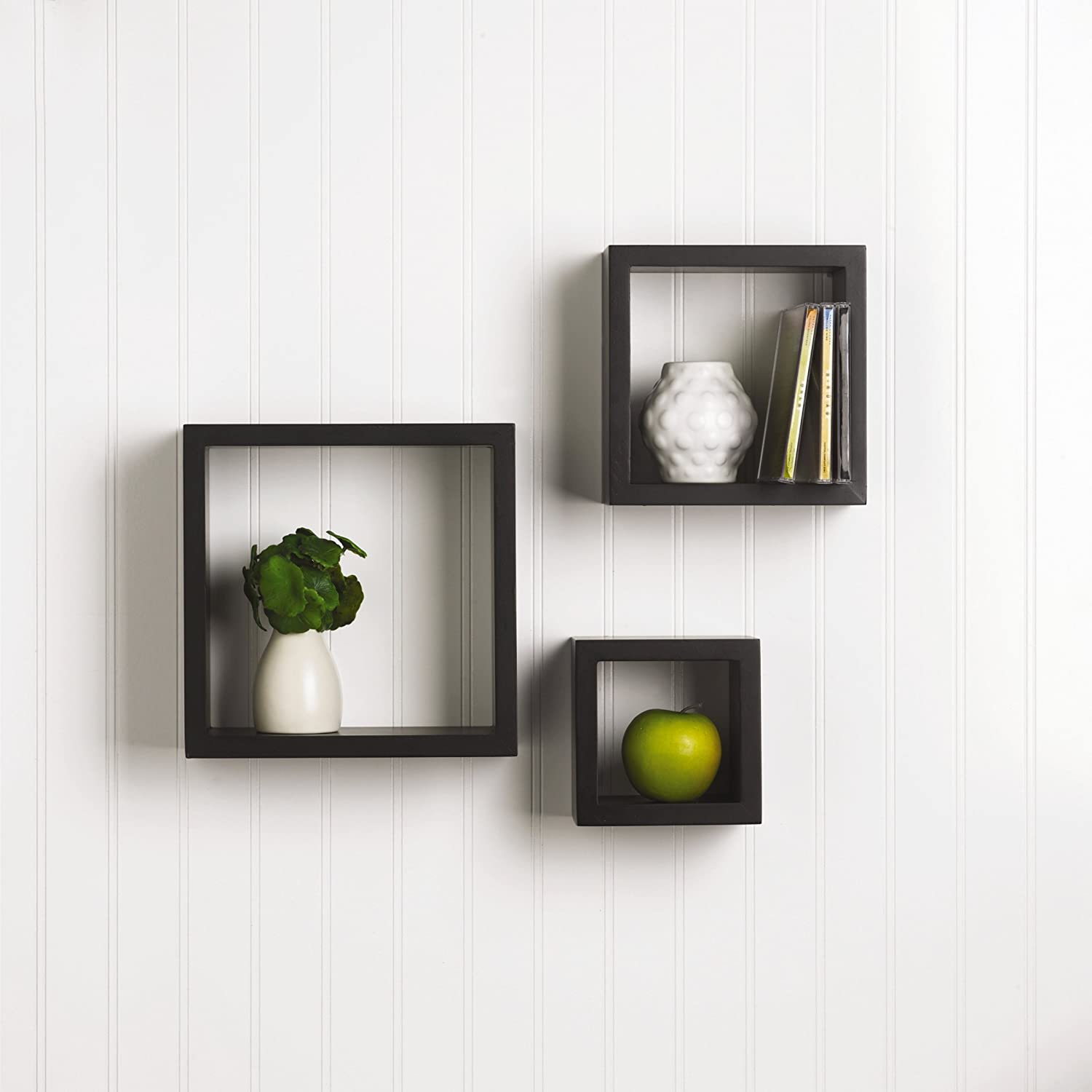 Wall Shelves Bedroom, Living Room, Bathroom, Kitchen - Wood, Set of 3, Black 