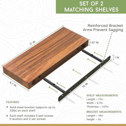 Wall Shelves Hard Wood, Solid Shelving for Kitchen, Bathroom, Decor - 2 Pack