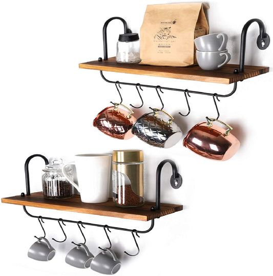 Wall Shelves Hooks for Mugs Cooking Utensils or Towel Rustic Storage Shelves Set of 2