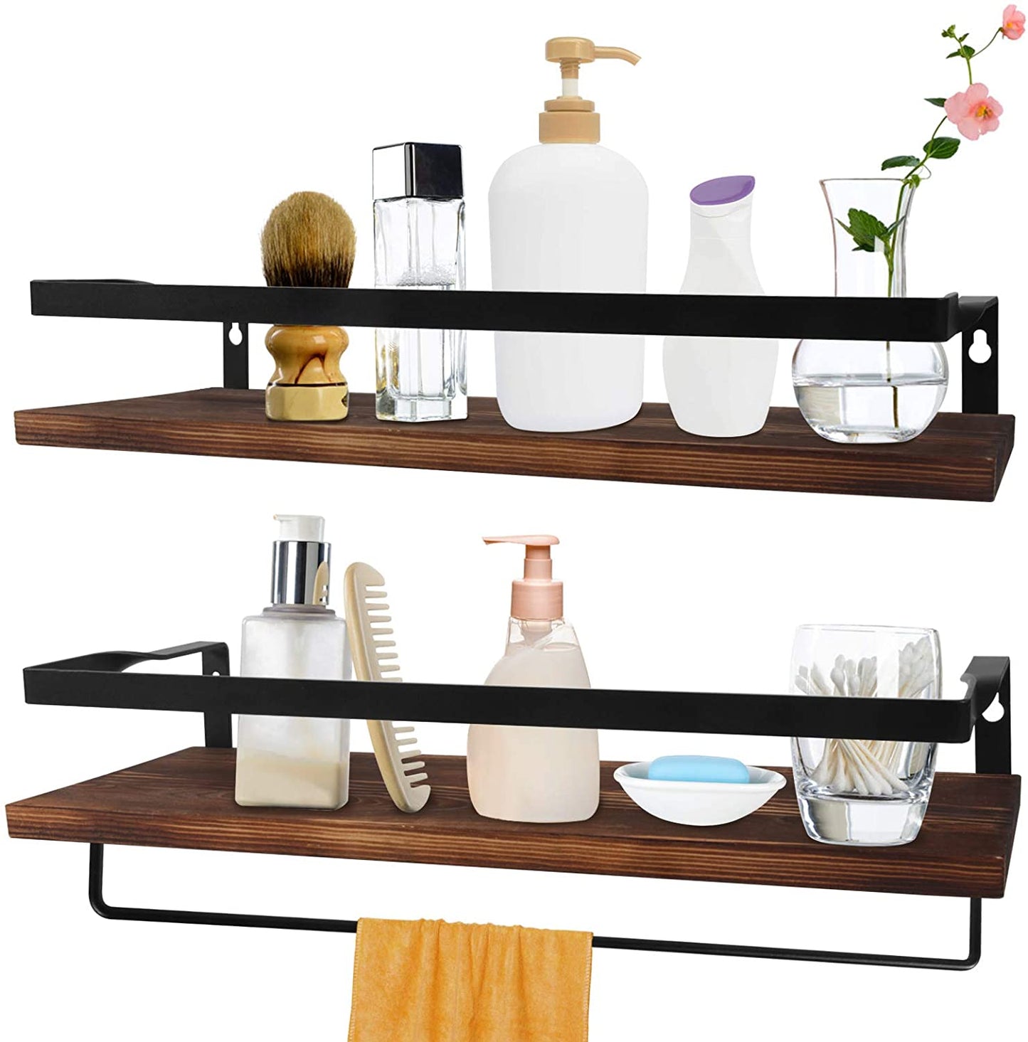 Wall Shelves Set of 2 with Removable Towel Holder, Strong Metal Frame 