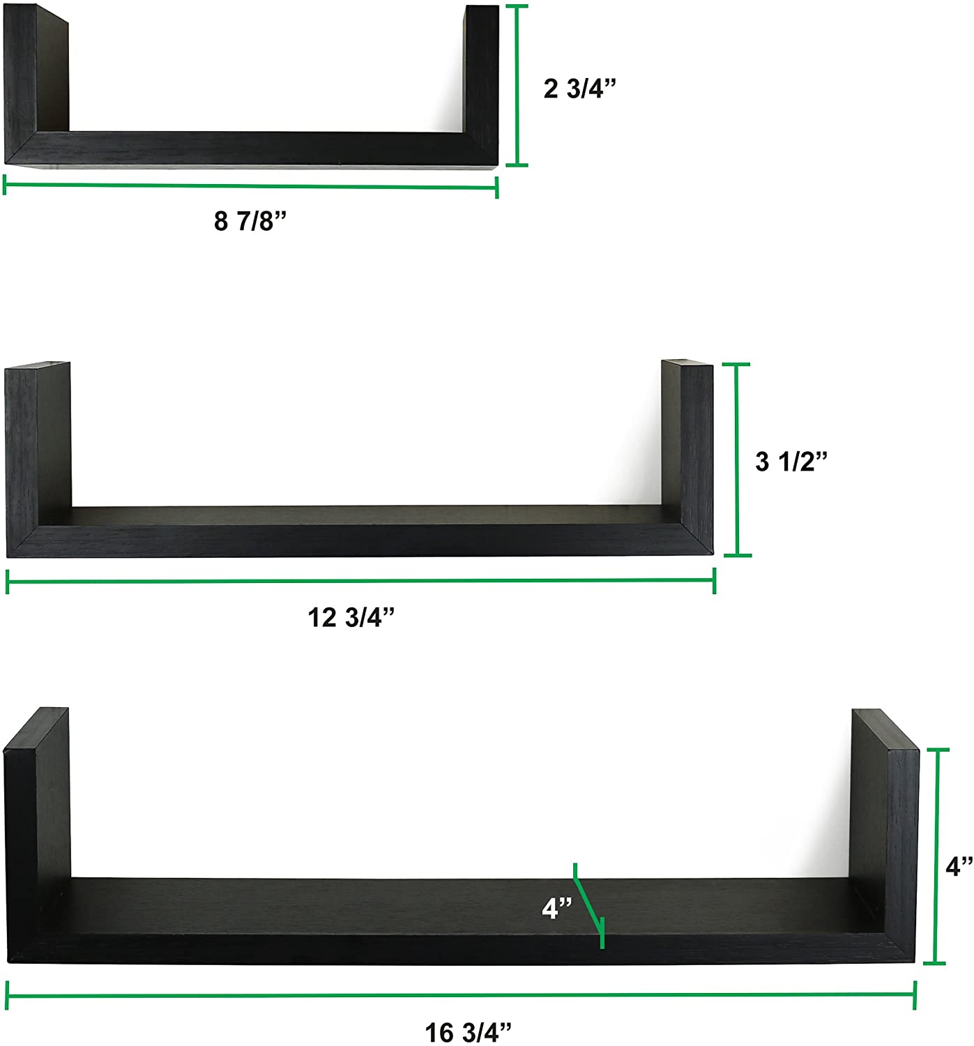 Wall Shelves: Set of 3 Floating U Shelves, Espresso Finish