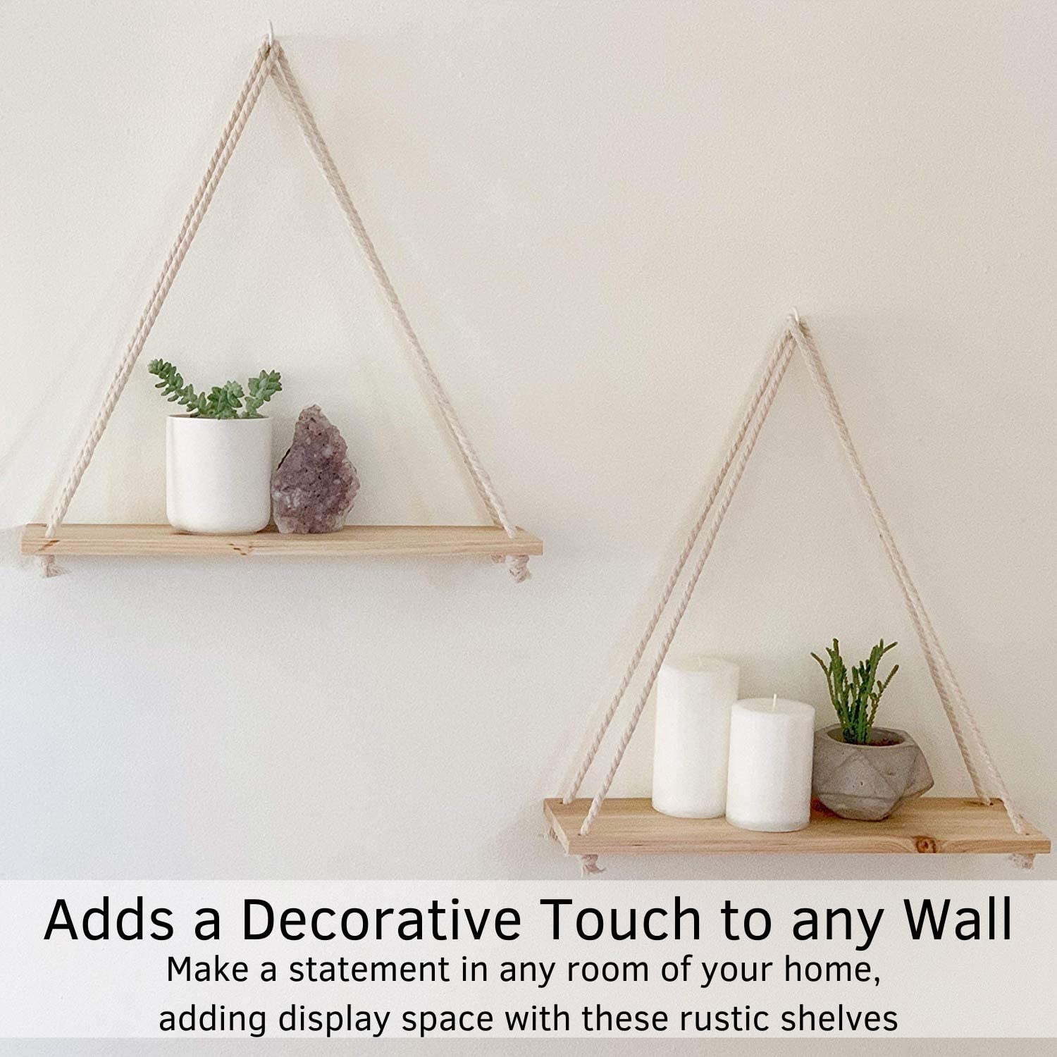 Wall Shelves Wooden Shelf & Macrame Rope, Natural Light Reclaimed Wood, Swing Triangle Floating Shelf, Modern