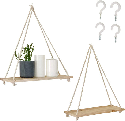 Wall Shelves Wooden Shelf & Macrame Rope, Natural Light Reclaimed Wood, Swing Triangle Floating Shelf, Modern