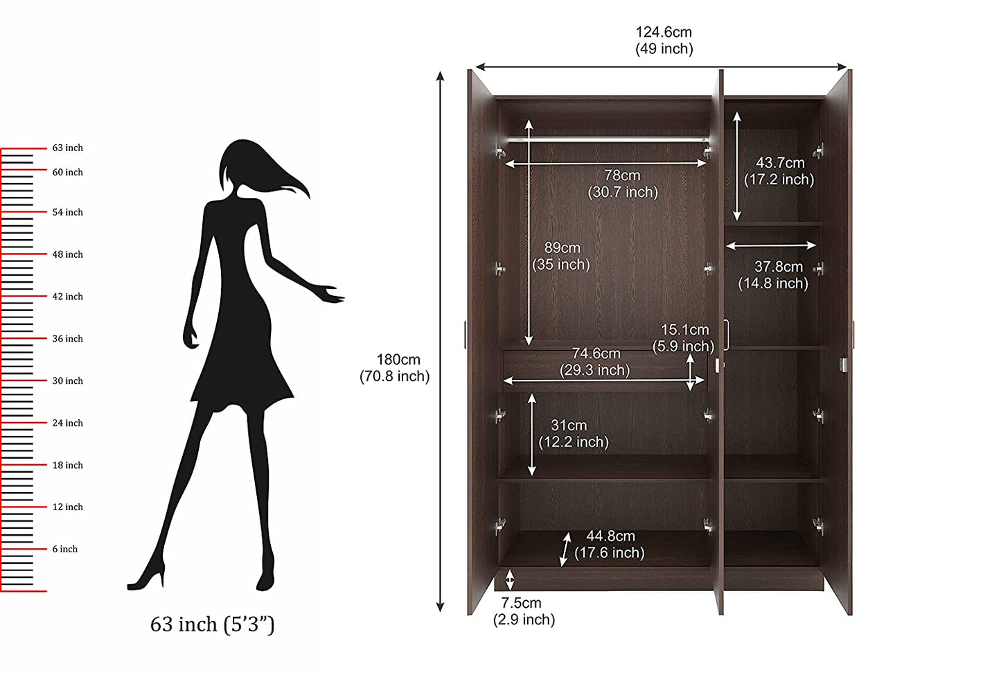 Wardrobe: Adrie Wood 3 Door Wardrobe With Full Length Mirror & Drawer (Wenge)