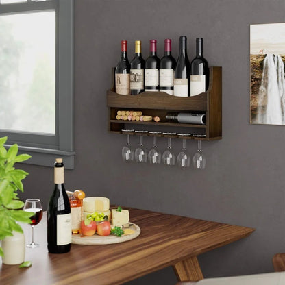 Wine Racks : 7 Bottle Solid Wood Wall Mounted Wine Bottle & Glass Rack in Espresso