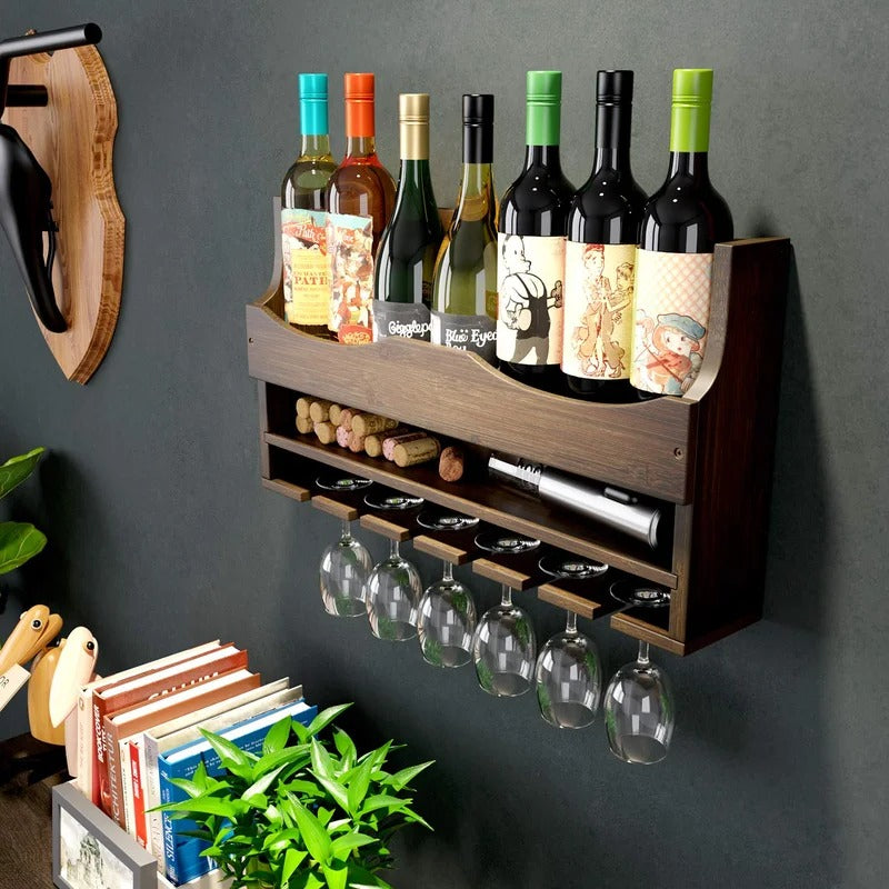 Wine Racks : 7 Bottle Solid Wood Wall Mounted Wine Bottle & Glass Rack in Espresso